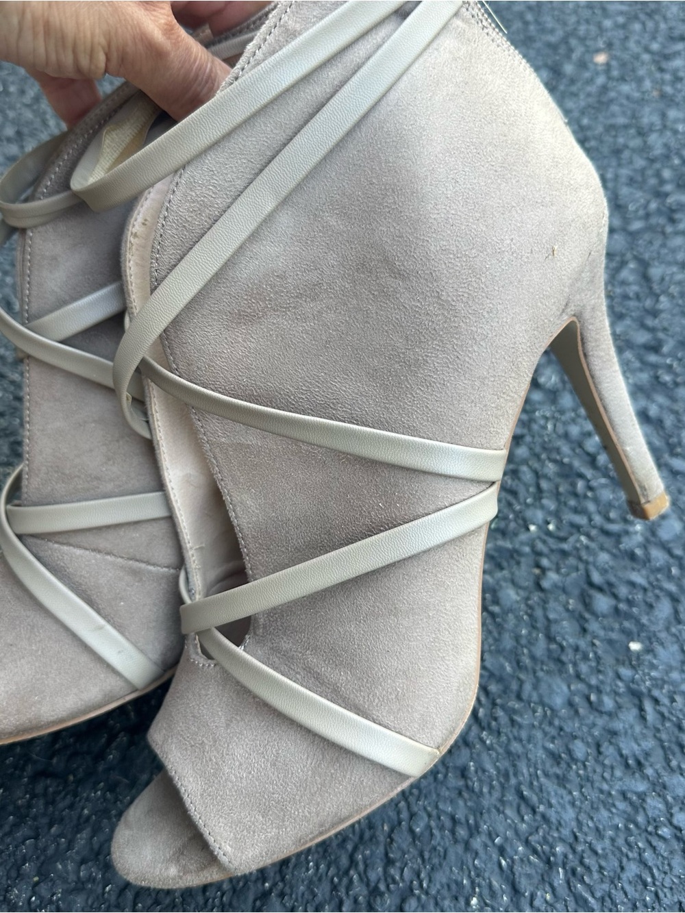 Women's Taupe Suede Strappy Peep-Toe Heels